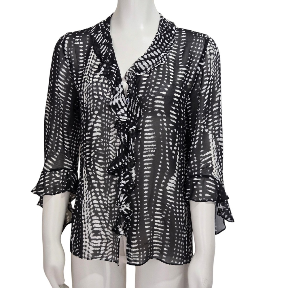 Chicos Silk Blouse Women 0 Small sheer Ruffle Neck Abstract Print Top whimsigoth